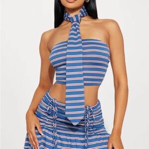 BNWT Fashion Nova Blue White & Red Striped 3 Piece Set